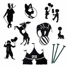 various silhouettes of circus performers and clowns