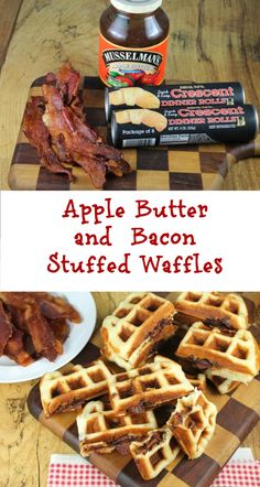 apple butter and bacon stuffed waffles on a wooden cutting board next to a jar of maple syrup