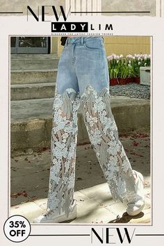 Daily Retro Floral Lace Patchwork Denim Straight Jeans Jeans Patchwork, Summer Trousers, Denim Decor, High Waist Wide Leg Pants, Look Retro, Vintage Trousers, Denim Pants Women, Lace Splicing, Summer Jeans