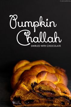 pumpkin challah with chocolate in the middle and text overlay that reads, pumpkin chalah