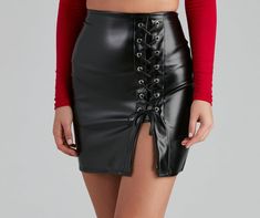 Btw Outfits, Pu Leather Skirt, Metallic Jeans, Bandage Skirt, Black Leather Skirts, Leather Dresses, Eyelet Lace