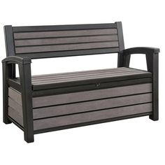 an outdoor bench with storage underneath it