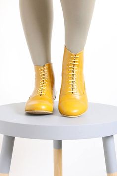 Yellow Leather Booties shoes flat Boots mid calf handmade Spring Ankle Lace-up Boots With Rubber Sole, Yellow Fitted Boots With Round Toe, Spring Ankle Heeled Boots With Leather Sole, Spring Low Heel Boots With Leather Sole, Yellow Leather Ankle-high Boots, Yellow Round Toe Heeled Boots For Fall, Spring Boots With Leather Sole And Low Heel, Spring High Ankle Heeled Boots With Leather Sole, Spring Boots With Rubber Sole And Almond Toe