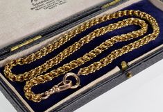 "Fancy link 10K gold chain necklace C.1890. This unrivaled hand made chain is 18 1/2\" long with the links 4 mm wide. It is equipped with large bolt ring clap 10 mm diameter and large dog clip clasp 22 mm long 7 mm wide. There is no hallmarks, tested 10K gold Total weight is 10.9 grams. Excellent antique condition. Antique jewelry box shown for display only." 10k Gold Chain, Necklace C, Bolt Ring, Antique Jewelry Box, Antique Jewelry Necklace, Dog Clip, Link Chain Necklace, Gold Chain Necklace, Philadelphia Pa