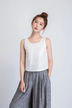 white linen top, sleeveless top women, loose tank top 1946 – XiaoLizi White Summer Top, Casual Blouse Women, White Summer Tops, Loose Tank Top, White Linen Top, Linen Top Women, Linen Crop Top, Loose Tank, Linen Tank Top