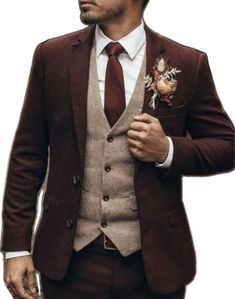 Brown Three-piece Wedding Suit, Brown Three-piece Suit For Groom, Brown Three-piece Suit For Groom With Suit Collar, Brown Three-piece Suit With Suit Collar For Groom, Brown Wedding Tuxedo In Suiting Fabric, Brown Three-piece Suit With Notch Lapel For Wedding, Brown Notch Lapel Three-piece Suit For Wedding, Brown Blazer For Grooms, Brown Groom's Blazer In Suiting Fabric