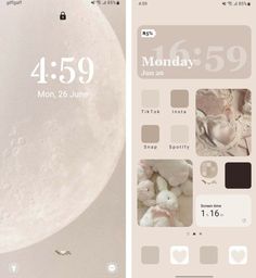 an iphone screen with the moon in the background and two different screens showing it's time
