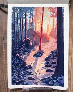 a watercolor painting of a path in the woods with sun shining through trees and leaves