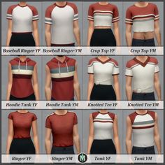 many different types of women's tops in various colors and sizes, all with short sleeves