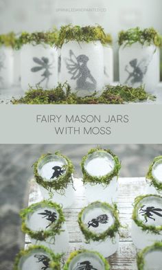 fairy jars with moss on them are sitting on a table and the words fairy mason jars with