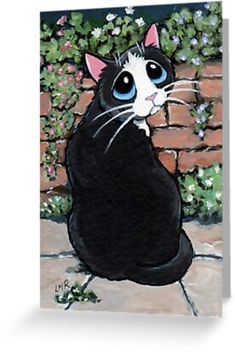 a painting of a black and white cat with blue eyes sitting in front of a brick wall