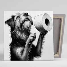 a black and white drawing of a dog with a roll of toilet paper in his hand