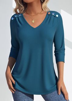 Blue V-neck Tops With Buttons, Blue V-neck Top With Buttons, Blue V, Peacock Blue, Blue Long Sleeve, Shirt Sale, Long Sleeve T Shirt, Neck T Shirt, V Neck T Shirt