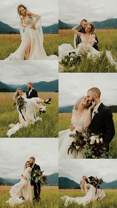 the bride and groom are posing for pictures together in the grass with mountains behind them