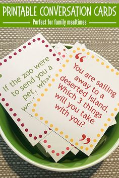 three printable conversation cards sitting on top of a green plate with polka dot designs