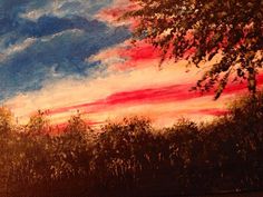 an oil painting of a sunset with trees and clouds in the background, painted on canvas