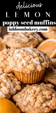 lemon poppy seed muffins with white icing on top