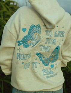 The "To Live For the Hope of it All" Hoodie is crafted from top-quality fabrics, while having an exquisite embroidery art of fine-detailed butterflies. The PPP palm embroidered above our hearts is a symbol of unity within the Pink Palm Puff community, reminding us all of the love we share. Everything Comes In Waves, Cute Preppy Outfits, The Hope, Heather White, Oversized Hoodie, Cute Fits, Preppy Outfits, Oversize Hoodie, Embroidery Art