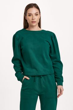 image of a female model wearing a RAYA SCOOP BACK SWEATSHIRT DEEP EMERALD DEAR JOHN DENIM Tencel Denim, Denim Essentials, Jumpsuit Jacket, Medium Wash Jeans, Comfy Sweaters, Fit Body, Sweater Sale, Light Wash Jeans, Dark Wash Jeans