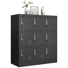 a bunch of lockers with pictures on top