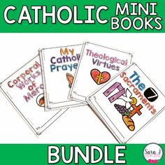 four catholic mini books with the words catholic on them