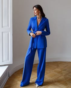 Fabric: High-quality suiting fabric ﻿﻿Cotton 65%, Polyester 35% ﻿﻿Blazer length: 70 cm/ 27.5in ﻿﻿Sleeve length: 63cm/ 24,8in ﻿﻿Pants length (inseam): 91 cm/ 35,8in ﻿﻿Included: Blazer, pants, belt Wide Leg Power Suit, Royal Blue 2 Piece Outfit, Royal Blue Womens Suit, Royal Blue Suit Women Outfits, Royal Blue Formal Outfit, Women’s Pant Suit, Royal Blue Suit Women, Blue Suit Women Outfit, Blue Suits Women