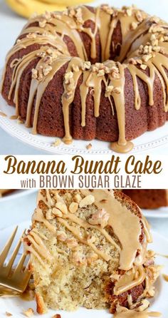 a banana bundt cake with brown sugar glaze on top is cut in half