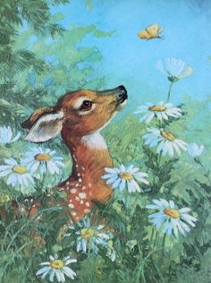 a painting of a deer in the grass with daisies