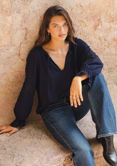 [Color: Navy] A lifestyle image of a brunette model wearing a bohemian navy blue blouse. With a split v neckline Bohemian Top, Tie Women, Bohemian Tops, Flowy Blouse, Wrist Cuffs, Lace Insert, Peasant Blouse, Peasant Tops, Fall Wardrobe