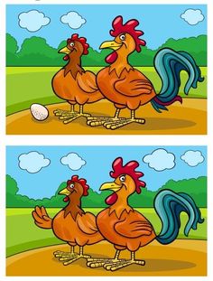 two cartoon roosters are playing with an egg in the field, and one is standing on