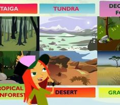 an animated poster with different types of tropical rainforests and deserts, including tundra, tropicaa, desert, and zebra