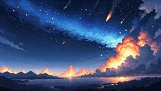 the sky is filled with bright orange and blue clouds, while stars are in the distance