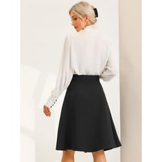 In the classic and basic design, a solid casual work skirt is versatile with any top and shoes. Flowy and breathable material, easily shows your body curve and elongates your legs. The pleated design and midi length give you a lovely and playful look. Suit for summer/autumn/spring and many occasions, such as Work, Office, Casual, Coffee Shop, Daily, Date, Business, Formal, Weekend, etc. Suit For Summer, Work Skirt, Midi Skirt With Pockets, Button Decor, Midi Flare Skirt, Work Skirts, Body Curves, Business Formal, Black Midi Skirt