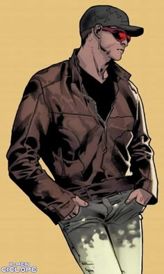 a drawing of a man with his hands on his hips wearing a baseball cap and jeans