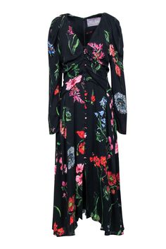 Step out in style in this chic Lela Rose maxi dress! This social season ready wardrobe must-have features a black and multi color floral pattern, long-sleeves, and a flattering silhouette. Pair with strappy heels and statement earrings to make a bold statement at your next event! Size 6 Shell100% Viscose Lining 100% Polyester Invisible zipper back Button front detail Long sleeves Bust 36" Waist 30" Shoulder to hem 54" Sleeve length 31.5" Black Floral Print Maxi Dress For Fall, Black Floral Print Maxi Dress For Spring, Floral Print Maxi Dress For Fall Daywear, Fall Floral Print Maxi Dress For Daywear, Black Floral Print Midi Dress For Fall, Fall Evening Maxi Dress With Floral Print, Black Floral Print Midi Dress For Daywear, Chic Black Floral Long Sleeve Dress, Chic Black Long Sleeve Floral Dress