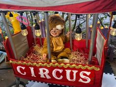 a small child dressed as a lion riding in a circus wagon with lights on the sides