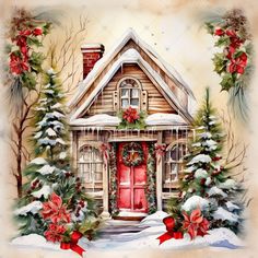 a painting of a house decorated for christmas