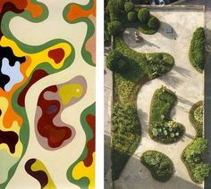 an aerial view of a garden and the same landscape as seen in two different pictures