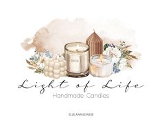 a candle and some flowers with the words light of life handmade candles on it