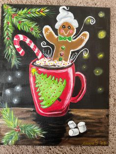 Acrylic hand painted artwork on an 11 x14 canvas board.  Easy to frame and enjoy Hot Cocoa Painting On Canvas, Christmas Painting Templates, Diy Christmas Paintings For Kids, Christmas Related Paintings, Couples Christmas Painting Ideas, Gingerbread Canvas Painting Ideas, Painting With A Twist Christmas, Christmas Themed Canvas Paintings, Christmas Theme Paintings