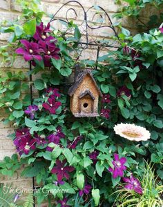 a birdhouse hanging on a wall surrounded by flowers