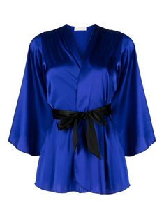 electric blue stretch-silk belted waist V-neck long sleeves curved hem Nightwear Dress, Versace Outfit, Yoko London, City Dress, Summer Beach Wear, Lady Dior, Coat Dress, Long Tops, Nightwear