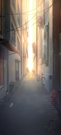 the sun is shining down on an alley way with buildings and bicycles parked along it