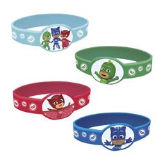 three bracelets with cartoon characters on them