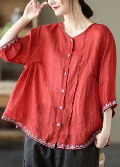 Red O-Neck Ruffled Button Linen Top Three Quarter sleeveFabric: LinenSize & Fit: Fit: This garment fits true to size.Length: Size 2XL measures 23.4"from shoulder to hemBust: Great for any cup size. Waist: Loose Fit. Comfortable room throughout midsection.Hip: Loose Fit - room for hips. Hand Wash Cold. Idea Board, Comfortable Room, Style Clothes, Red Outfit, Neck Ruffle, Linen Top, Cup Size, Three Quarter Sleeves, Quarter Sleeve