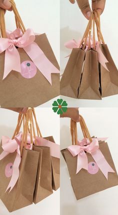 four pictures of brown paper bags with pink bows