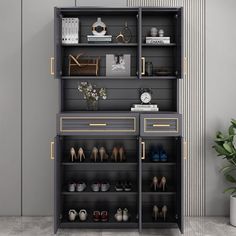 an open bookcase with shoes on it and a potted plant in the corner