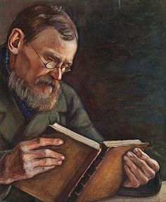 a painting of a man reading a book