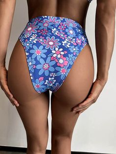 Floral-Printed High-Waisted Bikini Swimwear High Waist Summer Bottoms For Pool, High-cut Leg Bottoms For Pool In Spring, Spring Beach Brief Bottoms, Blue Stretch Bottoms For Poolside, Fitted Blue Swimming Bottoms, High Waist Blue Bottoms For Pool, Spring Brief Bottoms For Beach Party, High Waist Blue Swimwear For Swimming, High Waist Summer Bottoms For Sunbathing