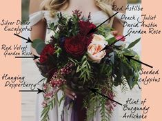 a woman holding a bouquet with the names of her wedding flowers and their corresponding parts